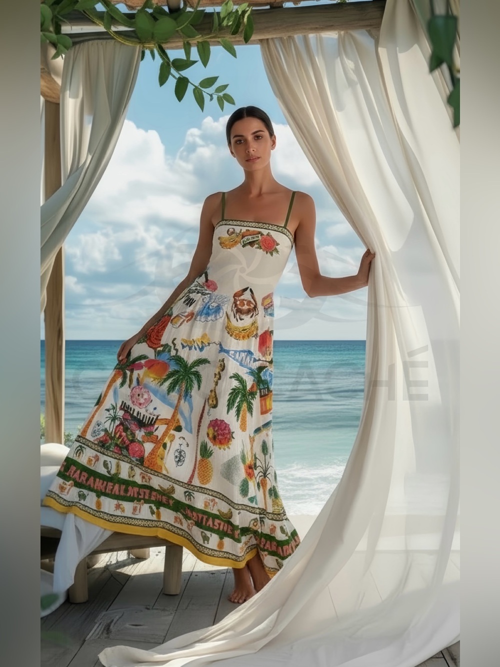 Tahitian Paradise Tropical Print High Waist Smocked Back Square Neck Midi Dress